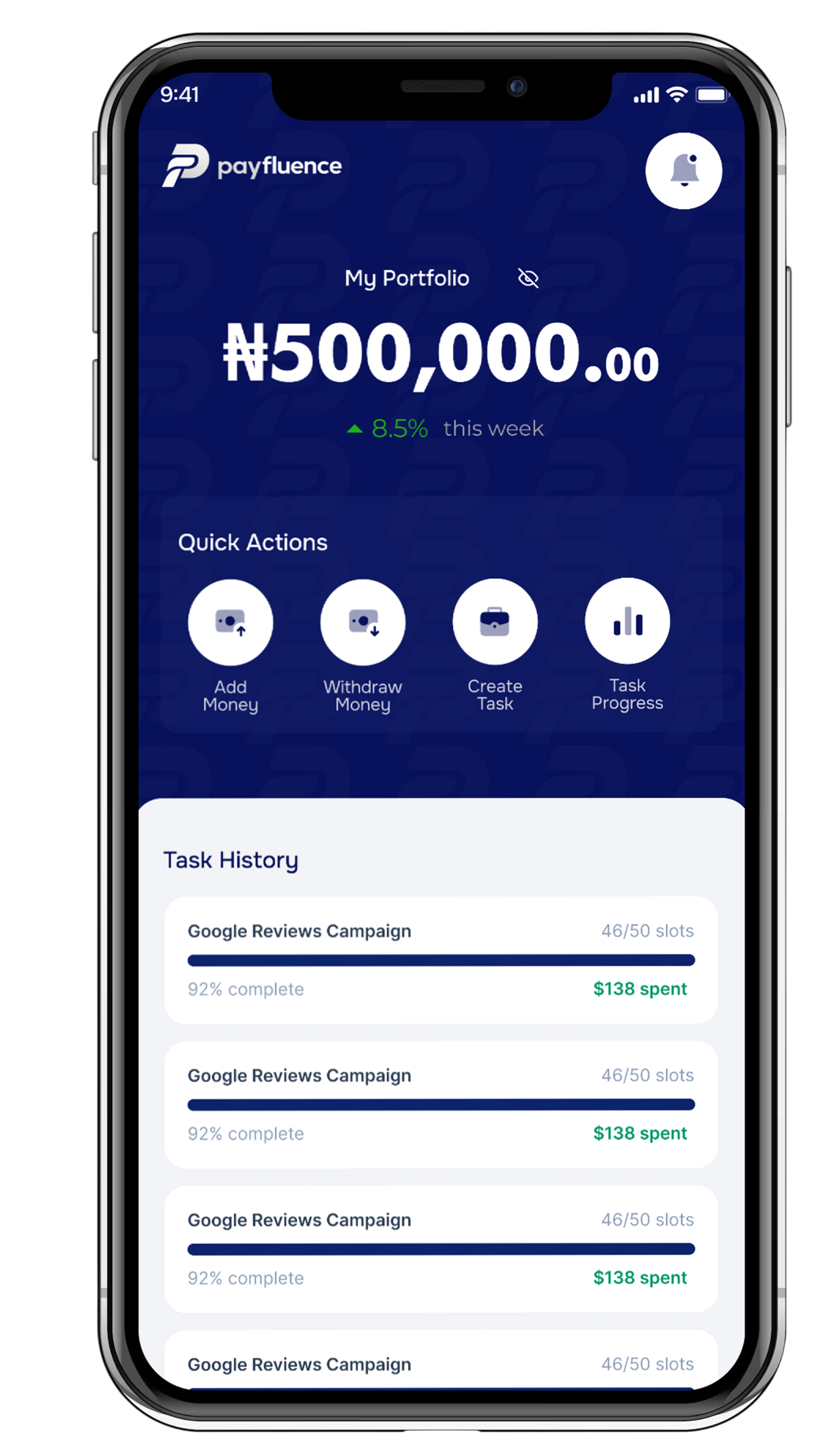PayFluence mobile dashboard